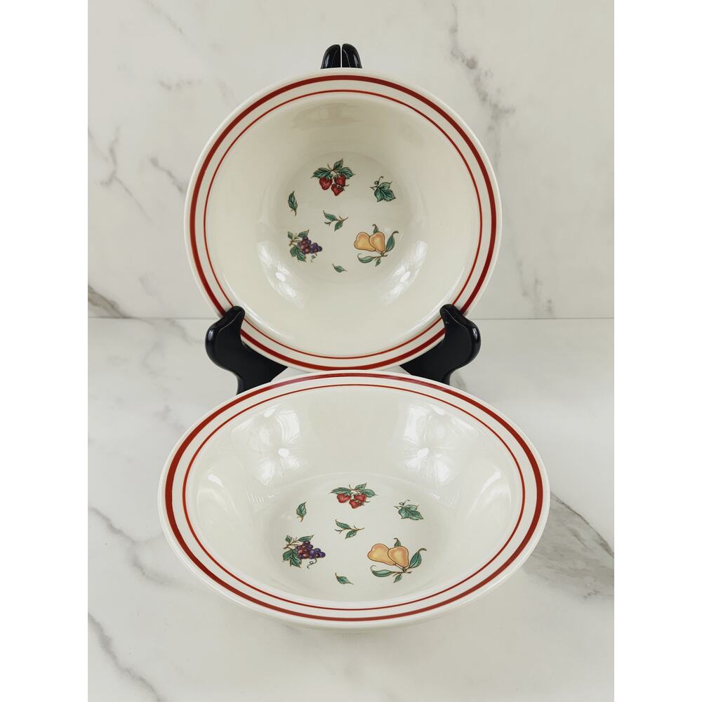 Stone Ware Cereal Fruit Bowl 7" Strawberry Grapes Pear Design Cream Red Trim x2